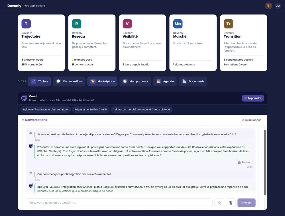 L'accueil de Devenly : les cinq modules avec leur avancement, les outils et le coach (compte de démonstration)