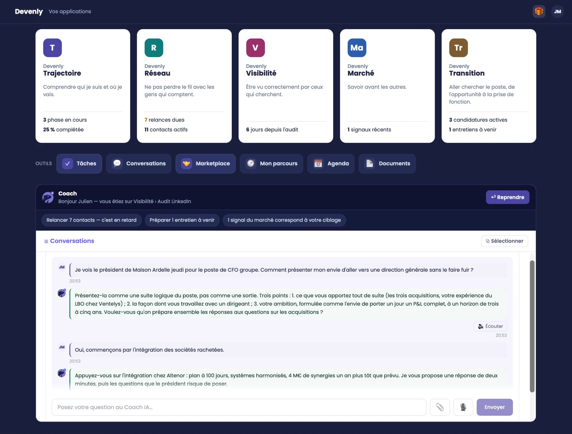 L'accueil de Devenly : les cinq modules avec leur avancement, les outils et le coach (compte de démonstration)
