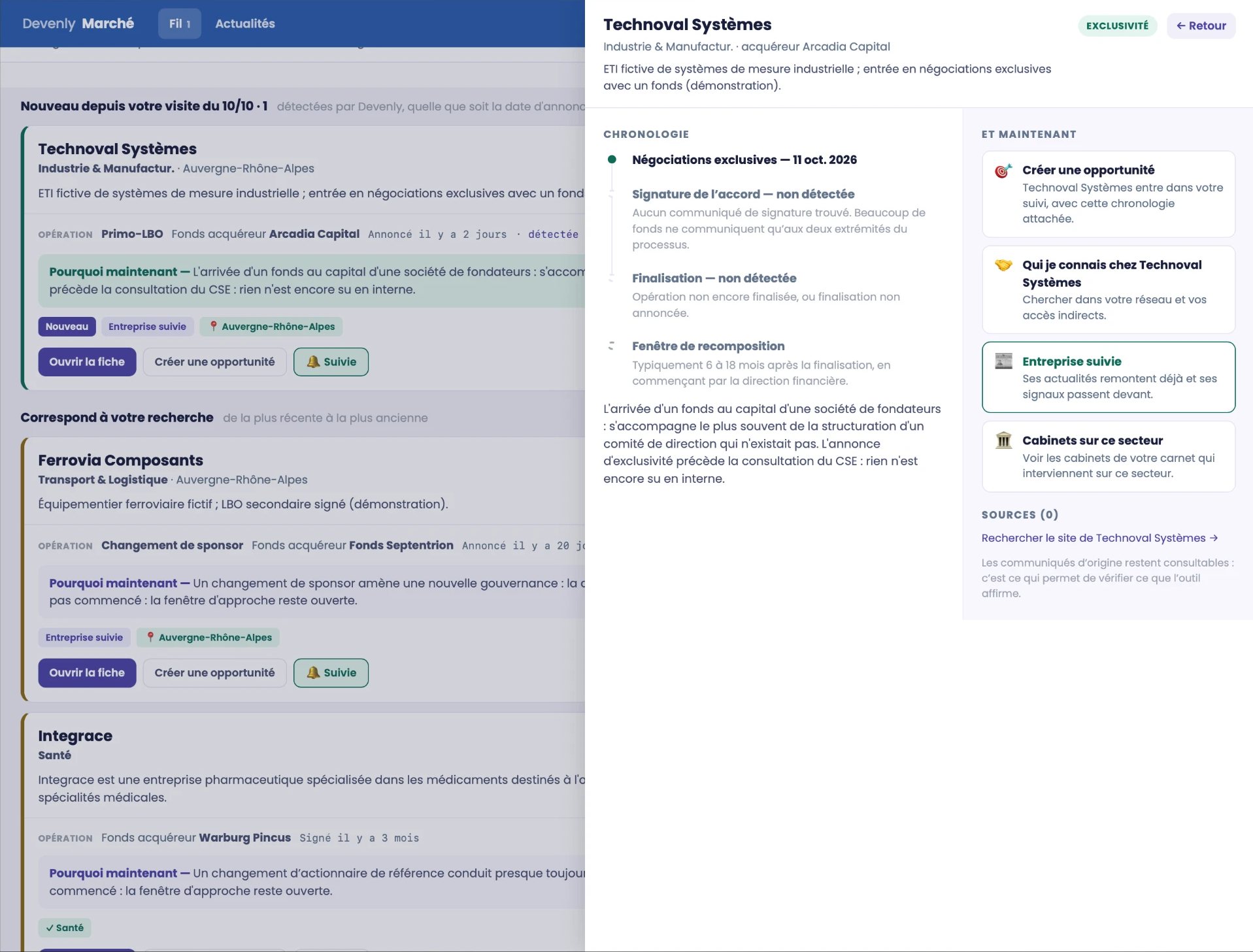 Module Marché : un signal sur une entreprise, sa chronologie et les actions proposées (données fictives)