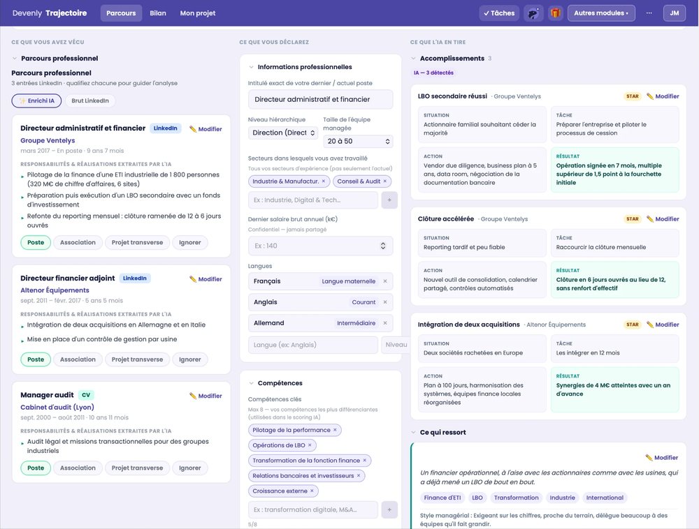 Module Trajectoire : parcours professionnel analysé, informations déclarées et accomplissements dégagés par l'IA (compte de démonstration)