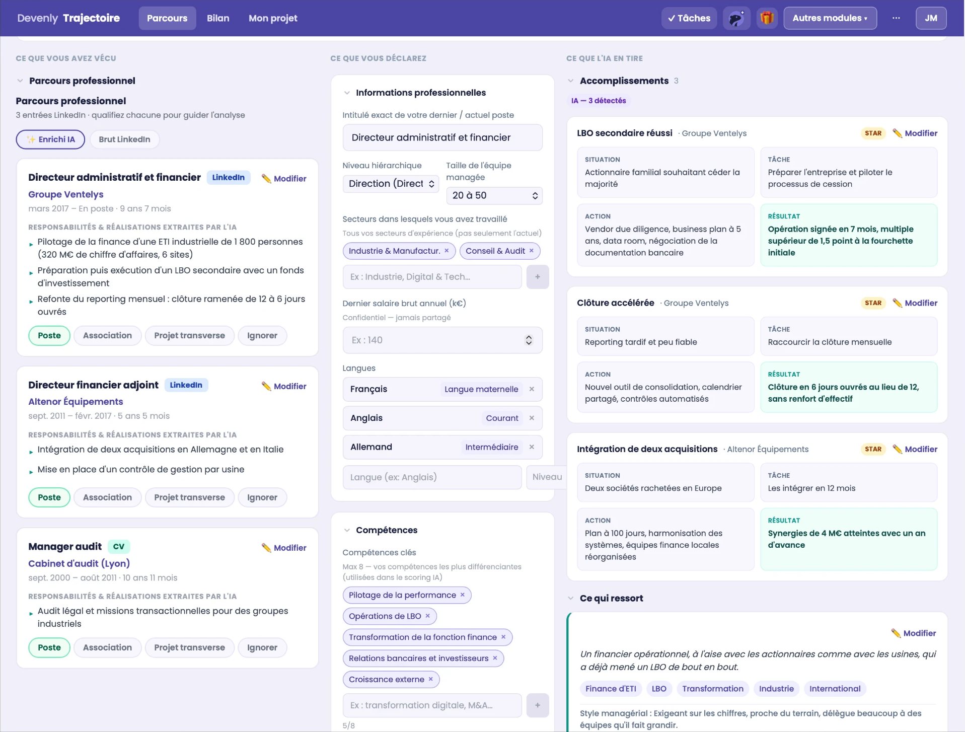 Module Trajectoire : parcours professionnel analysé, informations déclarées et accomplissements dégagés par l'IA (compte de démonstration)