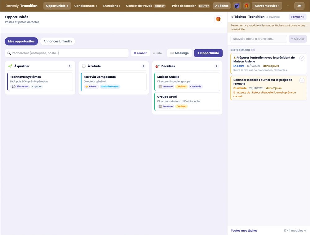 Module Transition : opportunités à qualifier, à l'étude et décidées, avec les tâches de la semaine (données fictives)
