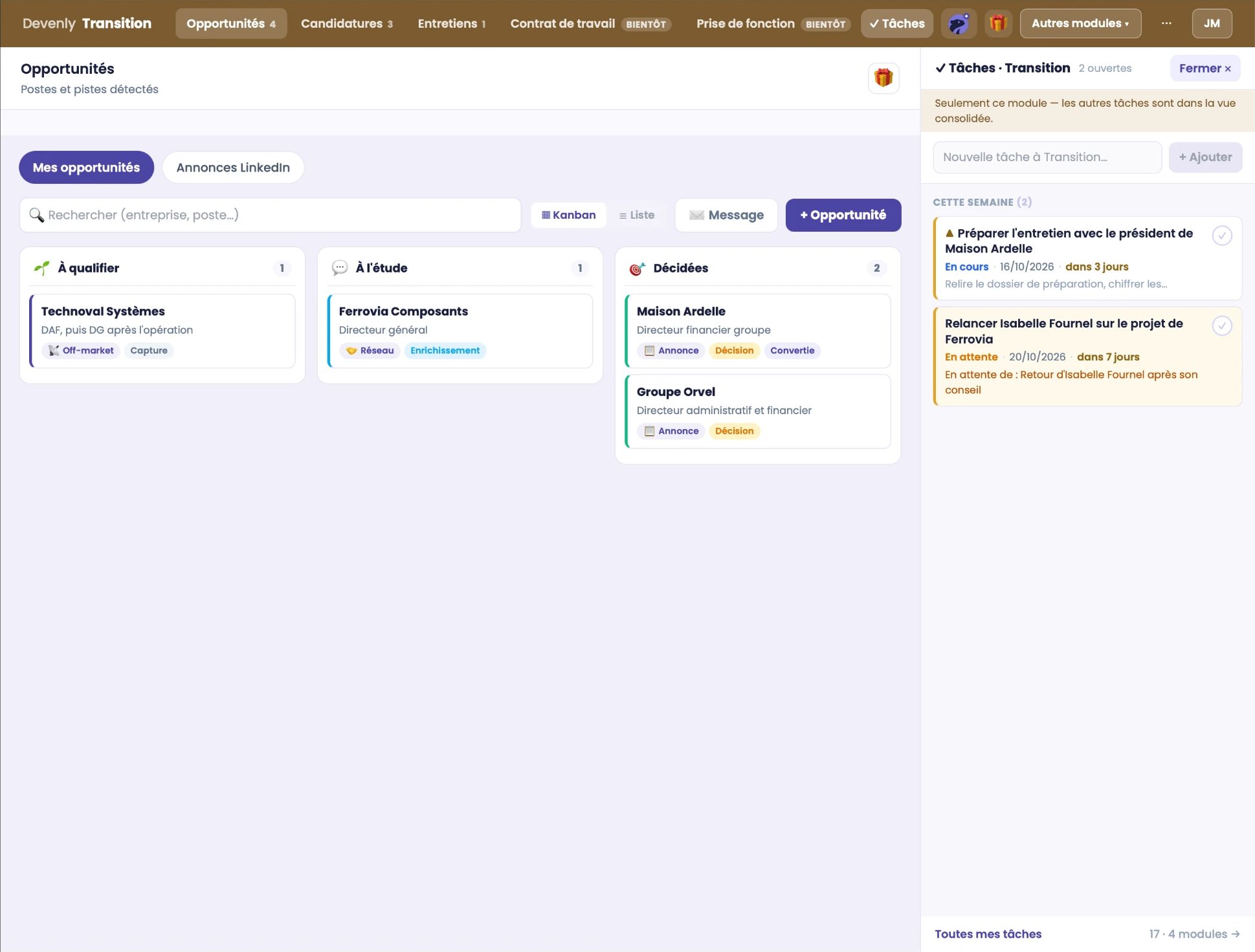 Module Transition : opportunités à qualifier, à l'étude et décidées, avec les tâches de la semaine (données fictives)